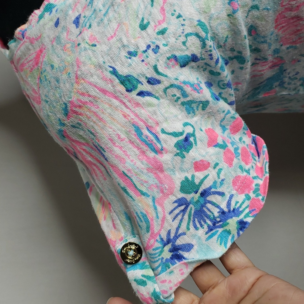 Lilly Pulitzer Inara 100% Linen Floral Vibrant Shirt Top Size M Beachy Coastal - Picture 4 of 15
